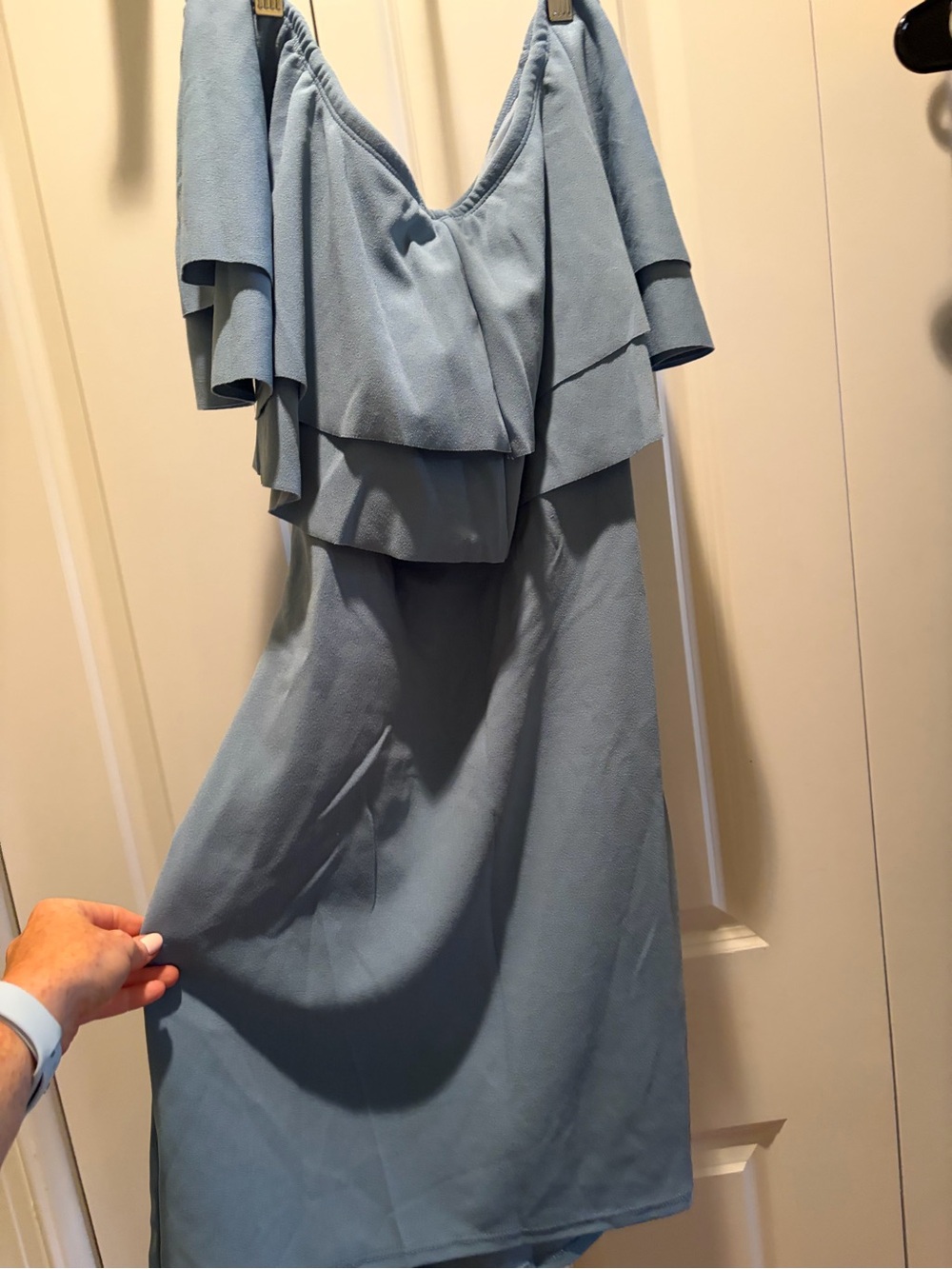 Off-Shoulder Ruffle Mini Dress in Dusty Blue - Picture 4 of 5